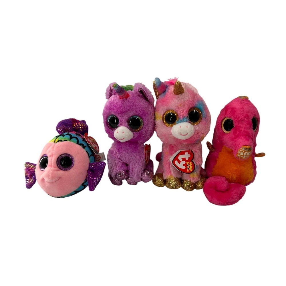 Ty‎ Beanie Boos Plush Set Of 4 Unicorns & Fish  Seahorse Fantasia Flippy Rosette
